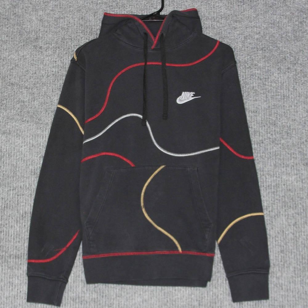 Nike Men's Black White Red Gold Graphic Stitch Hoodie Sweatshirt Size M Rare